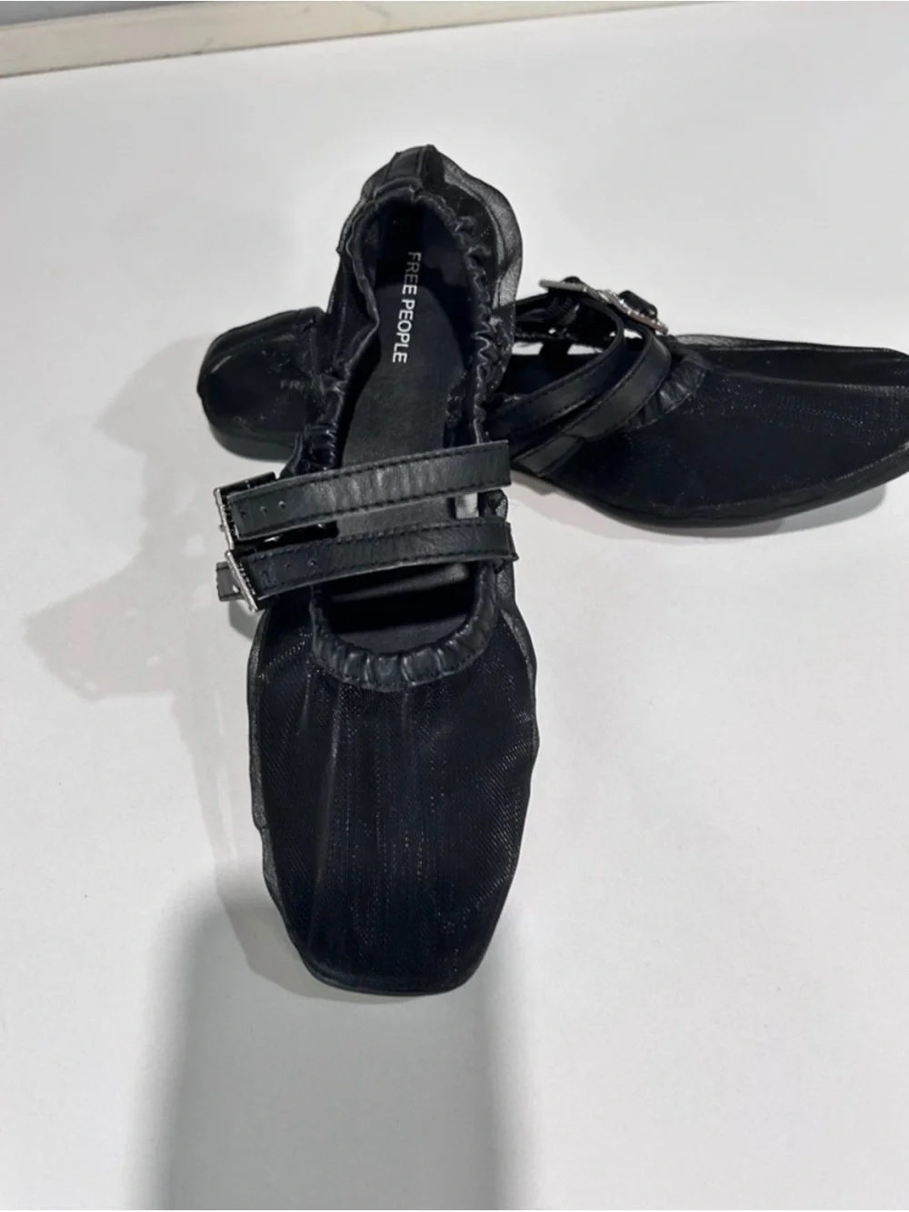 Free people Black Square-Toe Mary Jane Flats with Crystal Buckle Straps